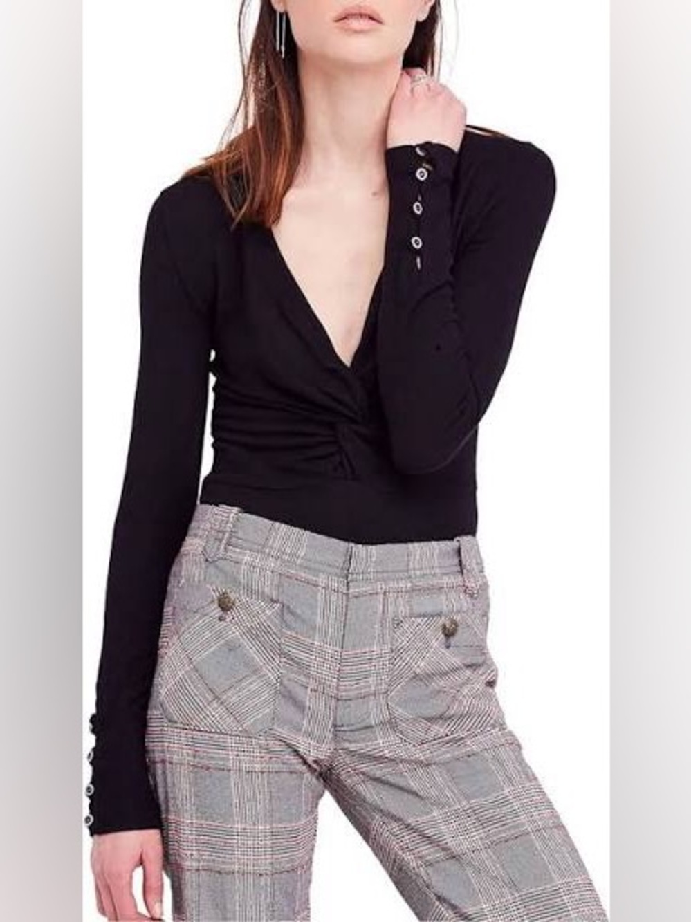 Free People All Types of Twisted Long Sleeve Twist V-Neck metal buttons Black M
